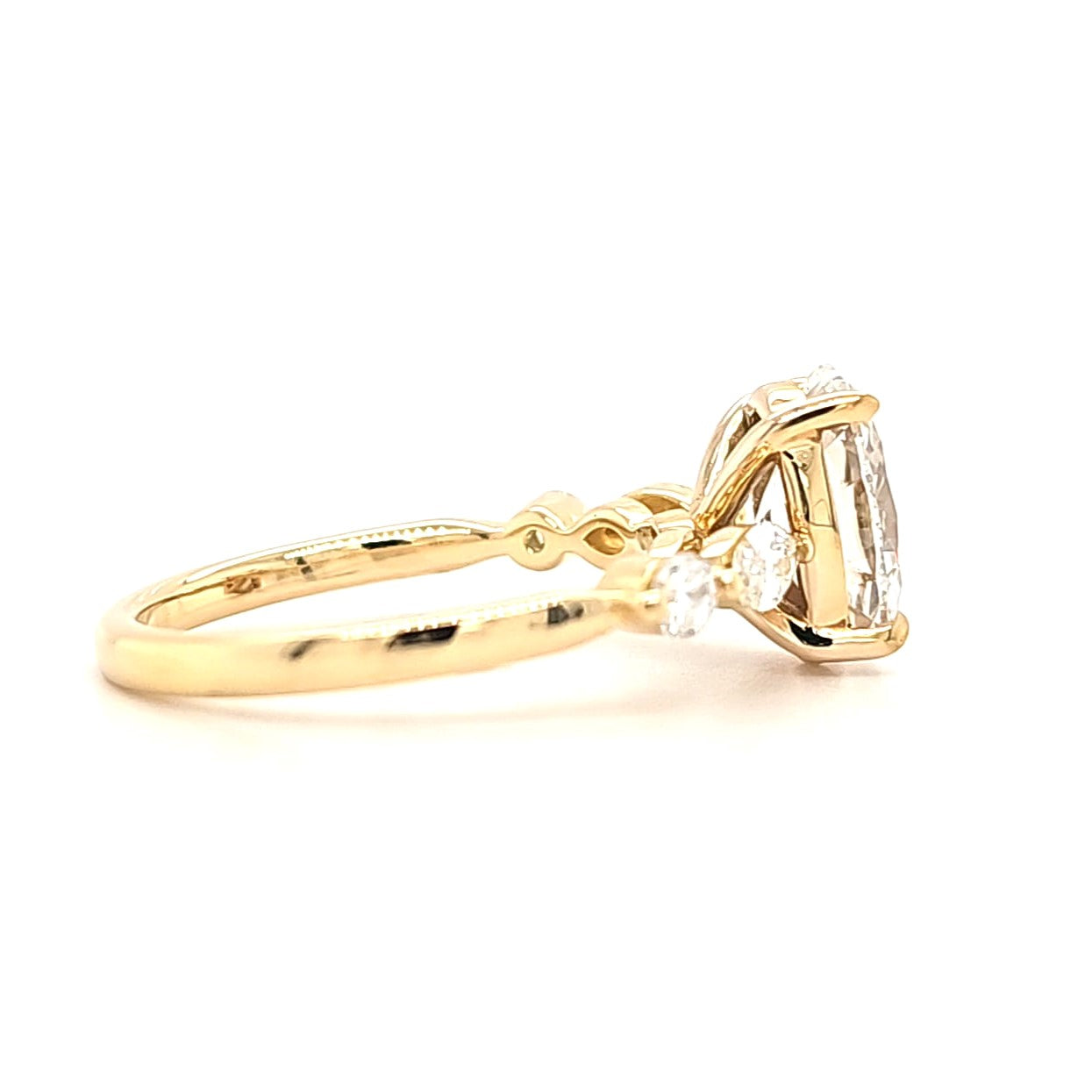 Claire – " 2ct " Oval Solitaire in 18k with Marquise and Round Side Stones (Ready) - Prime & Pure