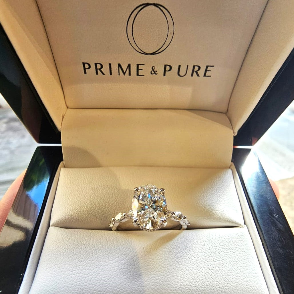 Aurora – " 2ct " Oval Solitaire in 18k Gold with Hidden Halo and Marquise Side Stones (Ready) - Prime & Pure