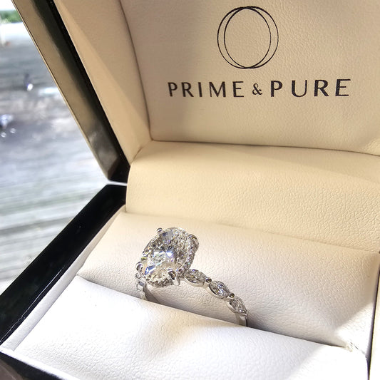 Aurora – " 2ct " Oval Solitaire in 18k Gold with Hidden Halo and Marquise Side Stones (Ready) - Prime & Pure