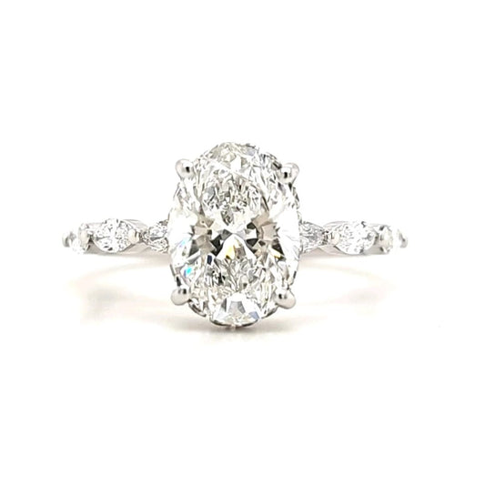 Aurora – " 2ct " Oval Solitaire in 18k Gold with Hidden Halo and Marquise Side Stones (Ready) - Prime & Pure