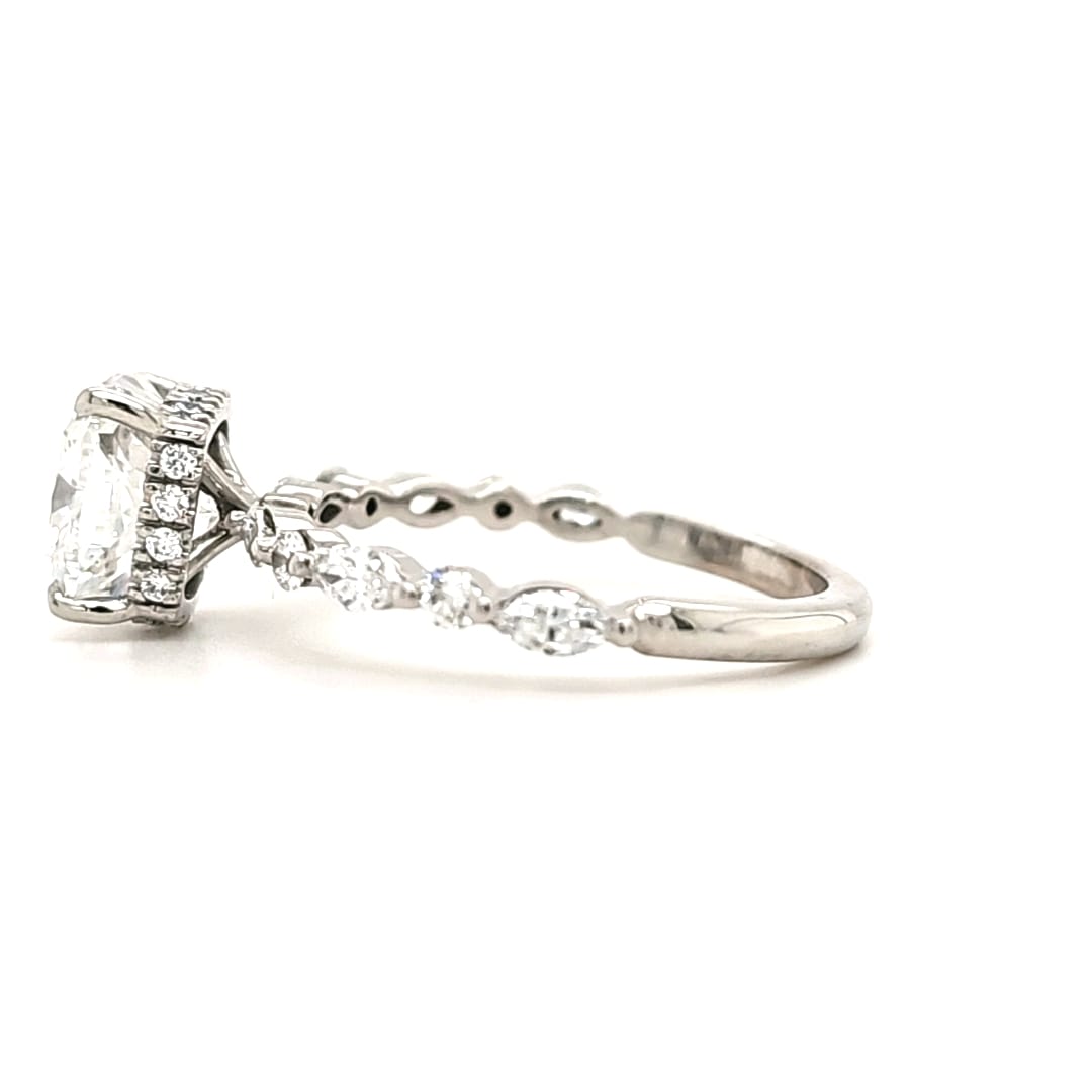 Selena – " 3ct " Cushion Solitaire in 18k Gold with Hidden Halo - Marquise and Round Side Stones (Ready) - Prime & Pure