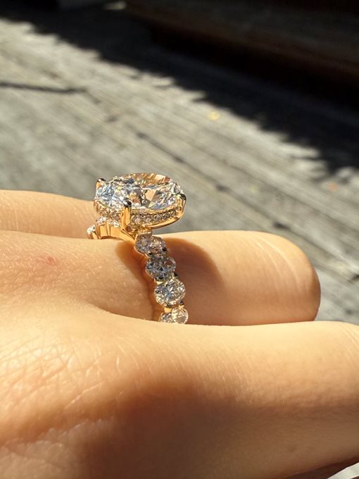 Alexis – " 3ct " Oval Solitaire in 18k Gold with Hidden Halo and Oval accent Diamonds Band (Ready) - Prime & Pure