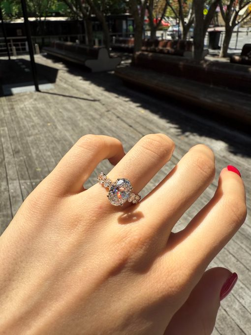 Alexis – " 3ct " Oval Solitaire in 18k Gold with Hidden Halo and Oval accent Diamonds Band (Ready) - Prime & Pure