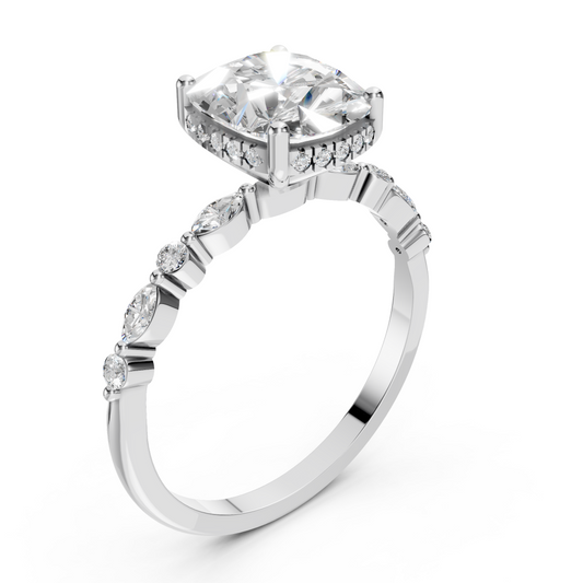 Nora – " 4ct " Elongated Cushion Solitaire in 18k with Round and Marquise Side Stones (Ready)