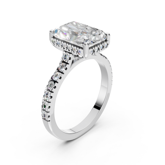 Hallie – " 3ct "Radiant Solitaire in 18k Gold with Hidden Halo and Cathedral Pavé Band (Ready)