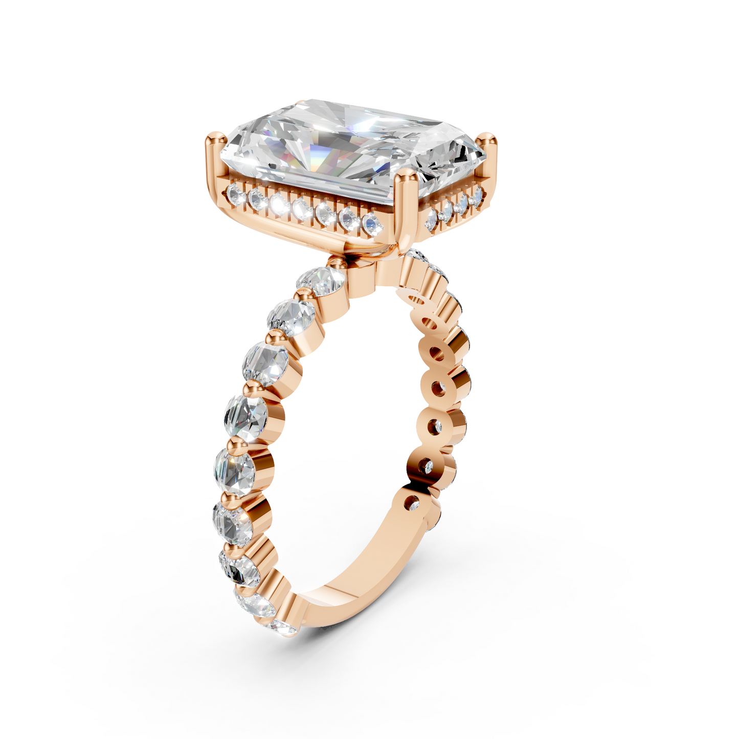 Anita – " 4ct " Radiant Solitaire in 18k with Round Side Stones and hidden halo (Ready)