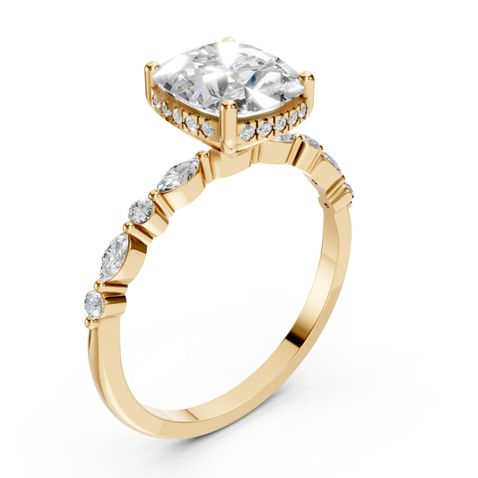 Nora – Elongated Cushion Solitaire with Hidden Halo - Marquise and Round Side Stones