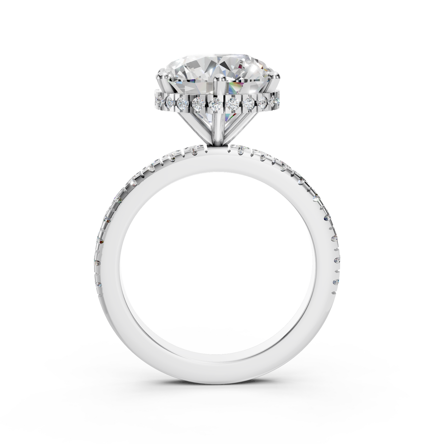 Billie –" 3ct " Round Solitaire in 18k Gold with Hidden Halo and Pavé Band (Ready)