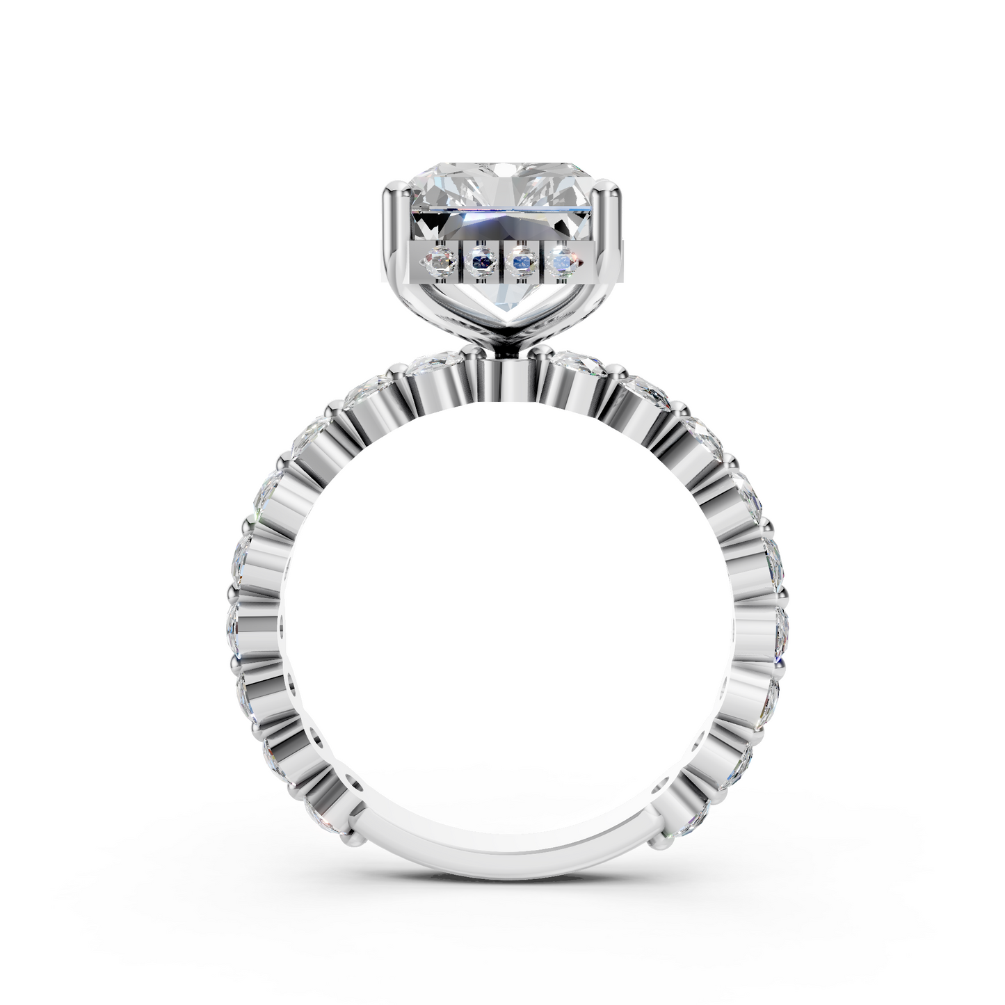 Anita – " 4ct " Radiant Solitaire in 18k with Round Side Stones and hidden halo (Ready)