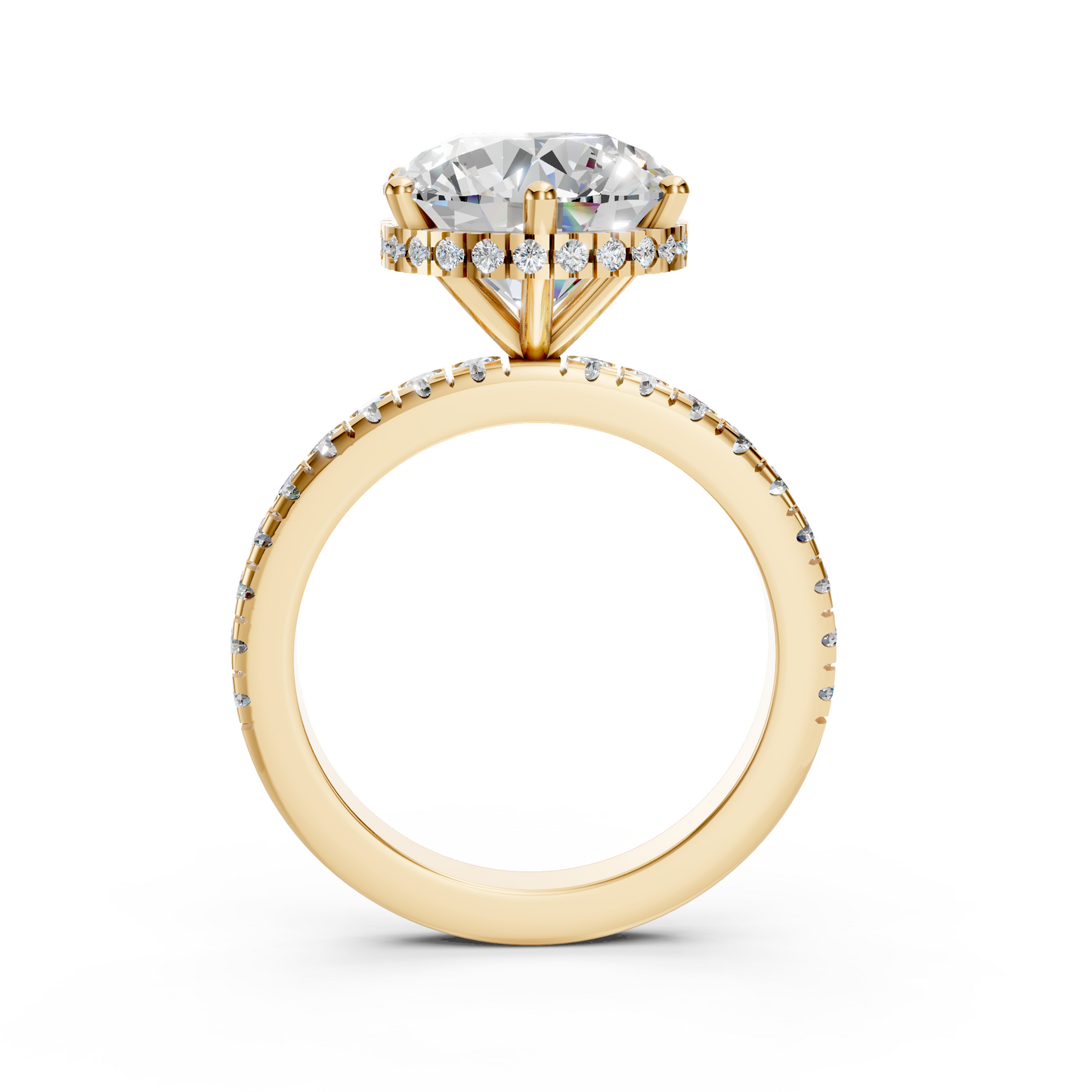 Billie –" 3ct " Round Solitaire in 18k Gold with Hidden Halo and Pavé Band (Ready)