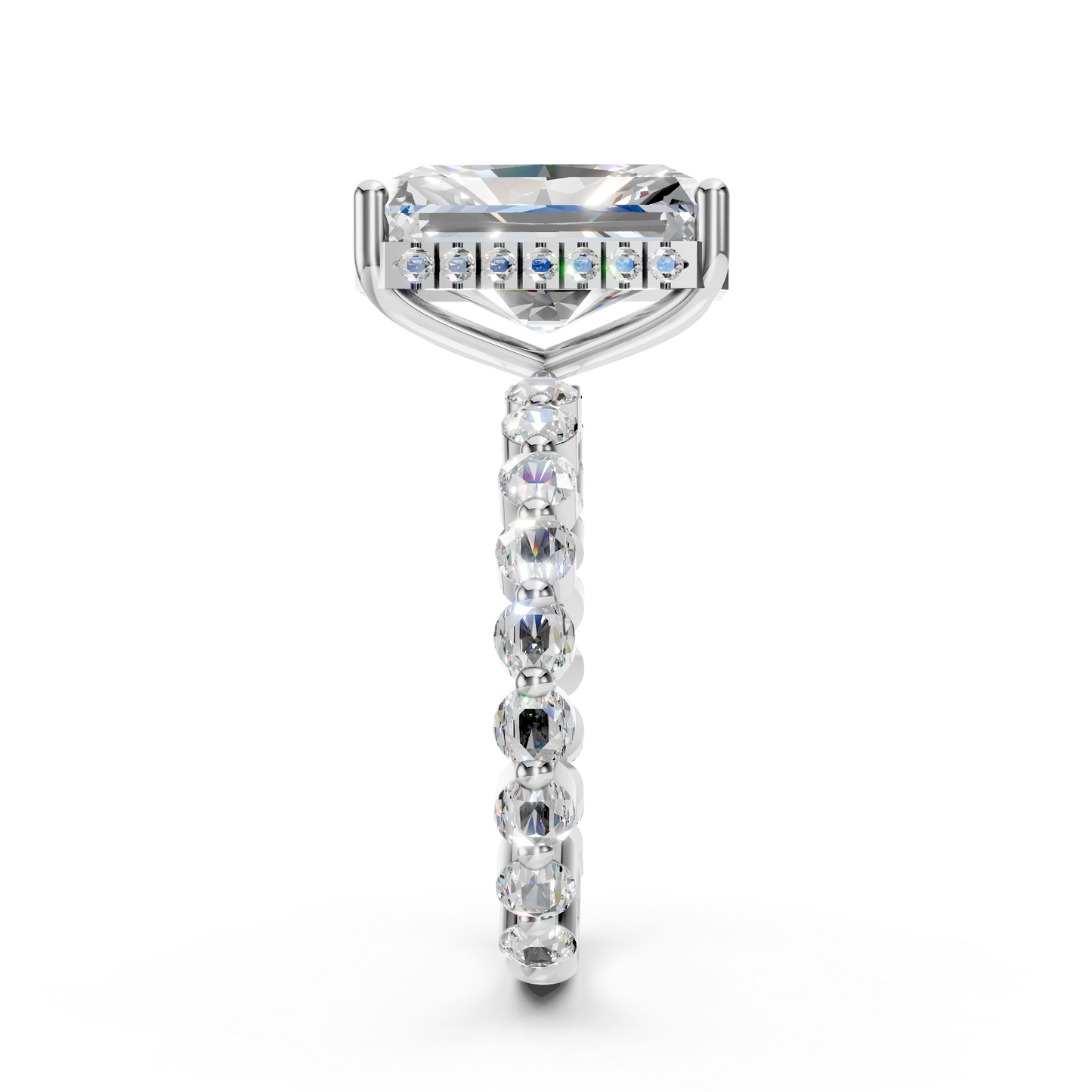 Anita – " 4ct " Radiant Solitaire in 18k with Round Side Stones and hidden halo (Ready)
