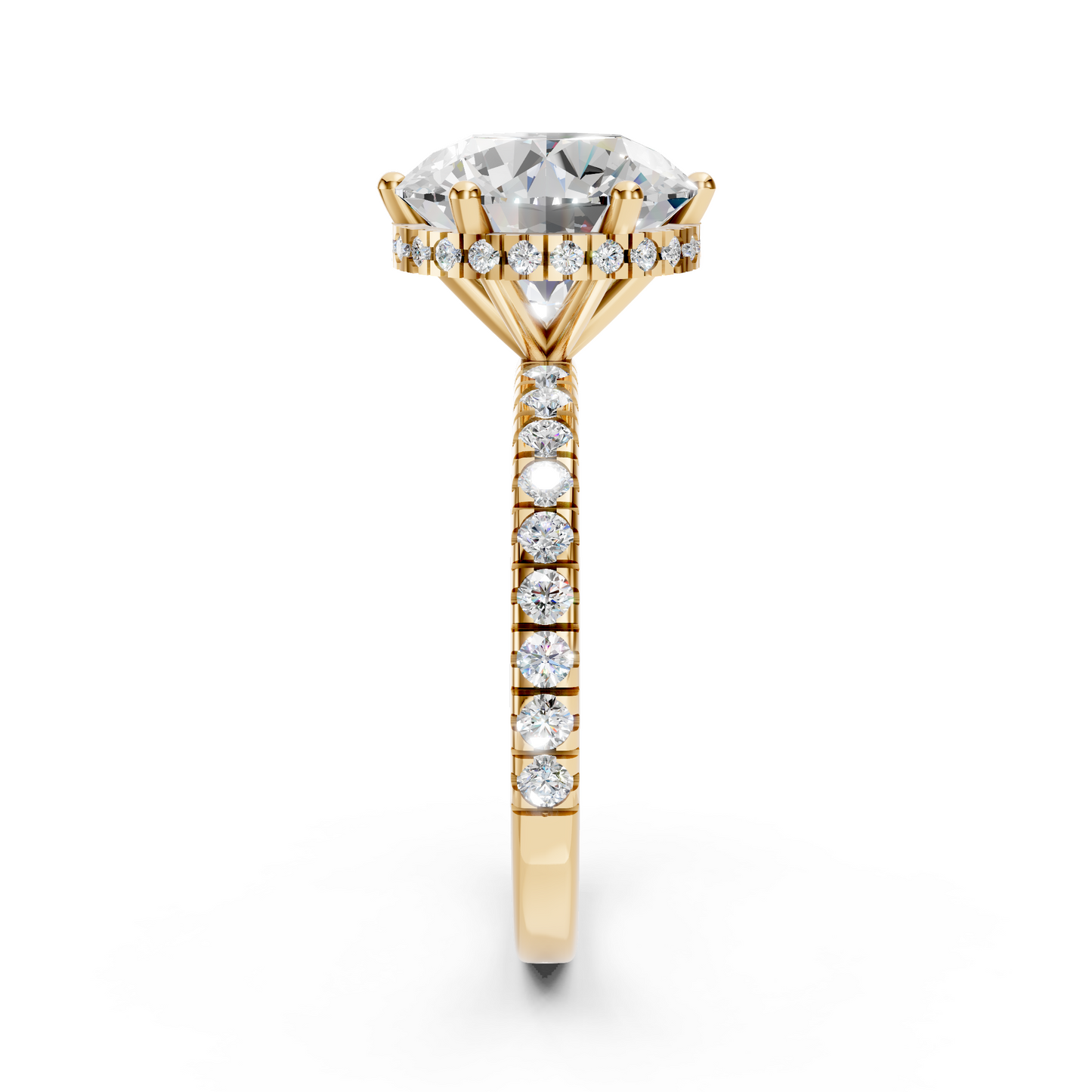Billie –" 3ct " Round Solitaire in 18k Gold with Hidden Halo and Pavé Band (Ready)