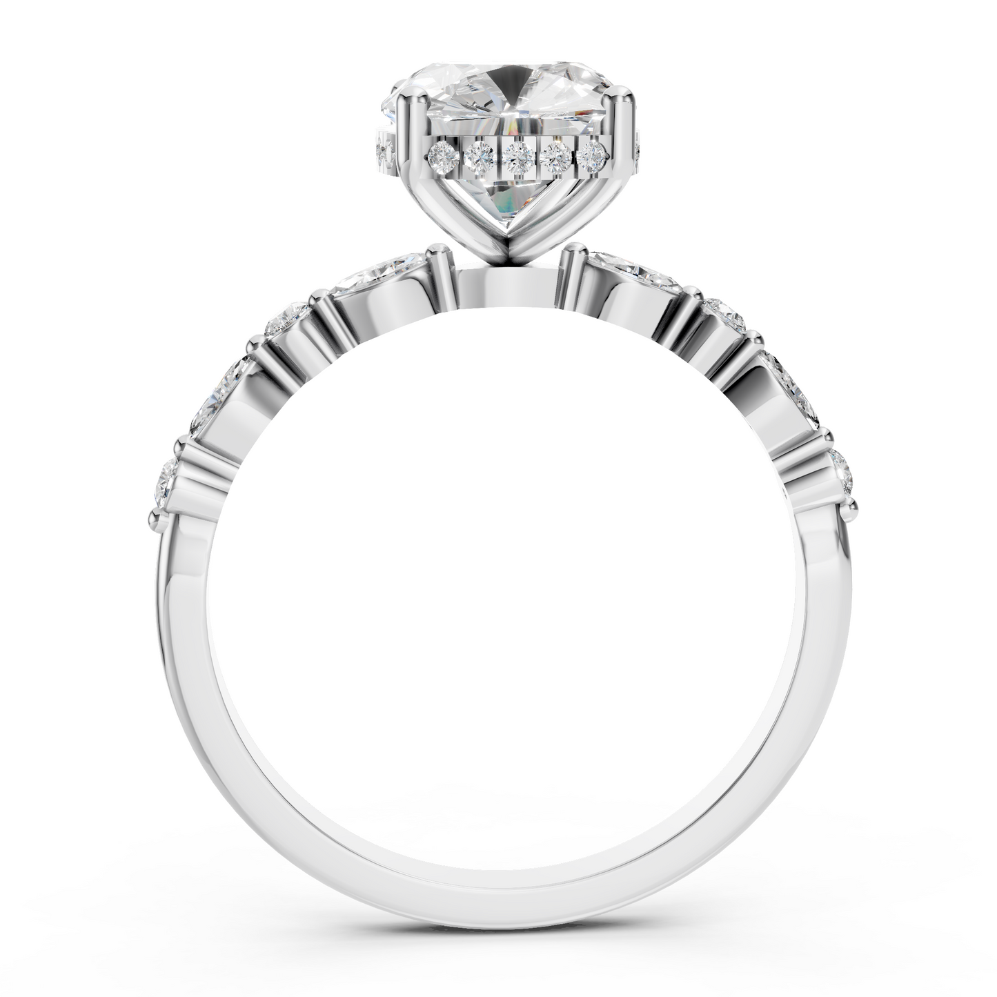 Nora – " 4ct " Elongated Cushion Solitaire in 18k with Round and Marquise Side Stones (Ready)