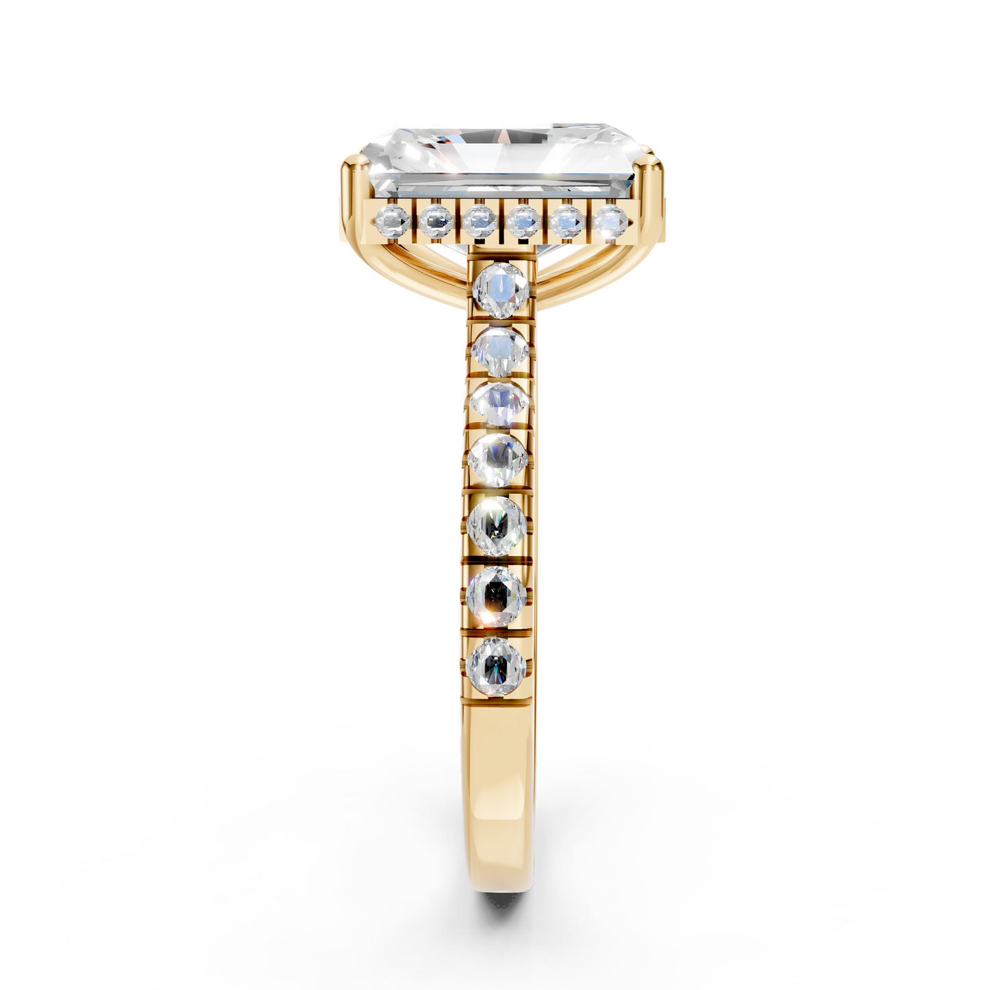 Hallie – " 3ct "Radiant Solitaire in 18k Gold with Hidden Halo and Cathedral Pavé Band (Ready)