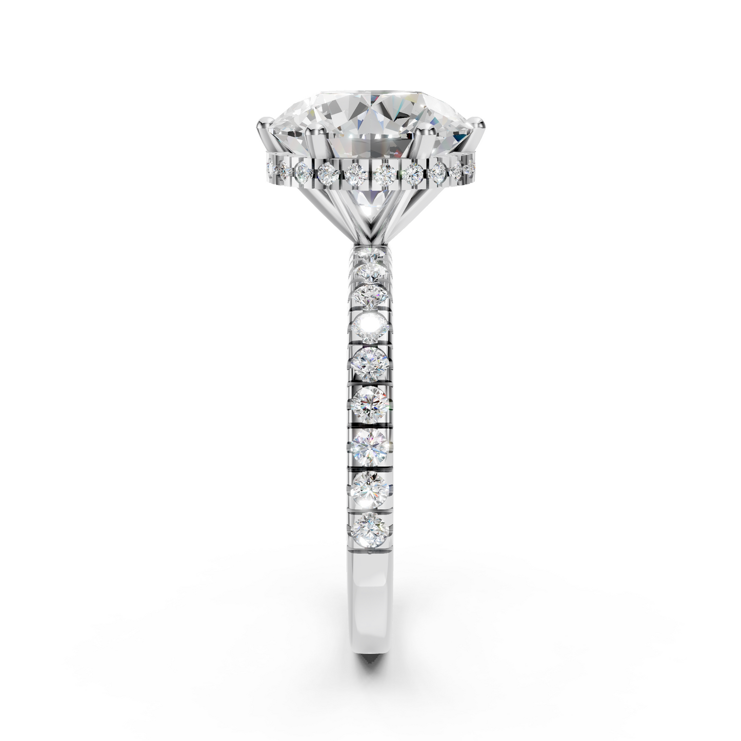 Billie –" 3ct " Round Solitaire in 18k Gold with Hidden Halo and Pavé Band (Ready)