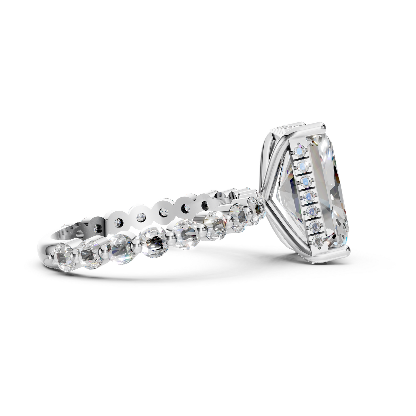 Anita – " 4ct " Radiant Solitaire in 18k with Round Side Stones and hidden halo (Ready)