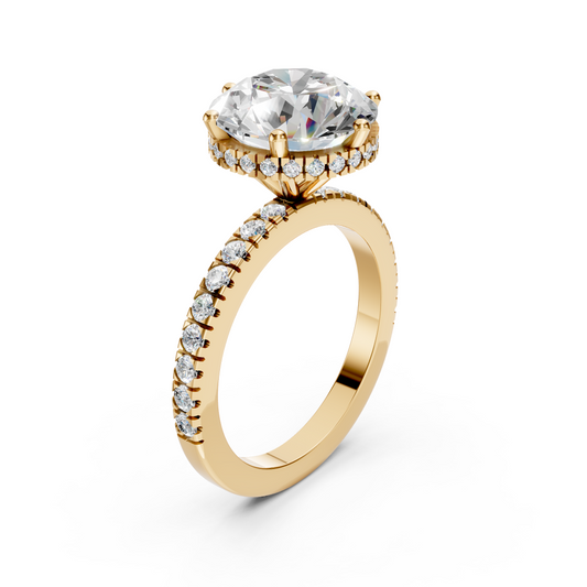Billie –" 3ct " Round Solitaire in 18k Gold with Hidden Halo and Pavé Band (Ready)