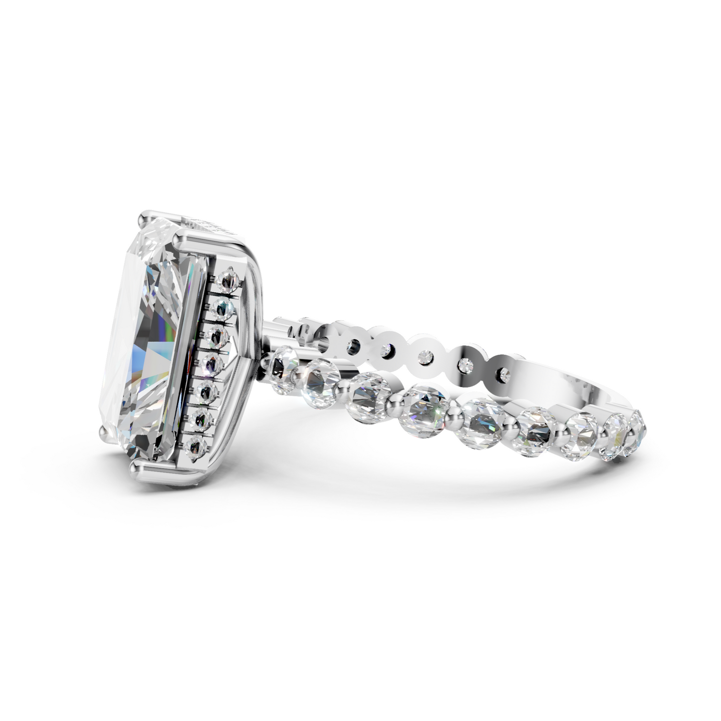 Anita – " 4ct " Radiant Solitaire in 18k with Round Side Stones and hidden halo (Ready)