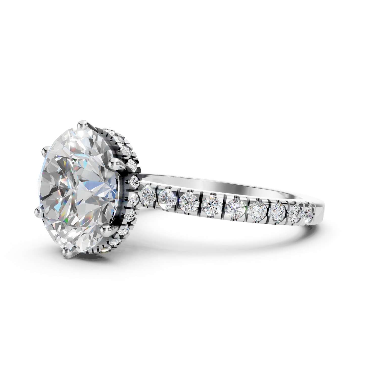 Billie –" 3ct " Round Solitaire in 18k Gold with Hidden Halo and Pavé Band (Ready)