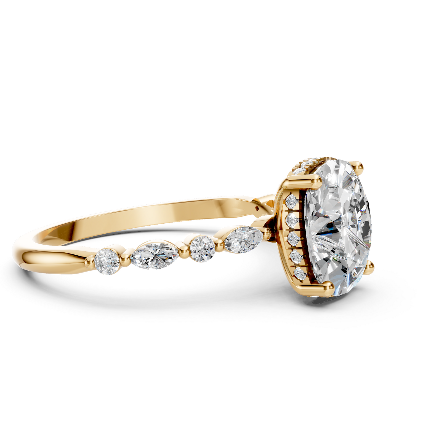 Nora – " 4ct " Elongated Cushion Solitaire in 18k with Round and Marquise Side Stones (Ready)