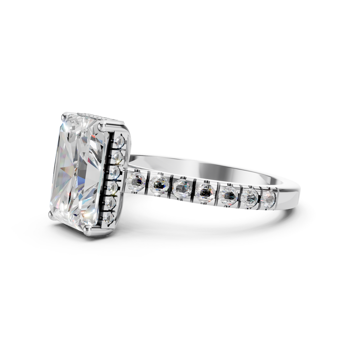 Hallie – Radiant Solitaire with Hidden Halo and Pavé Cathedral Style Band