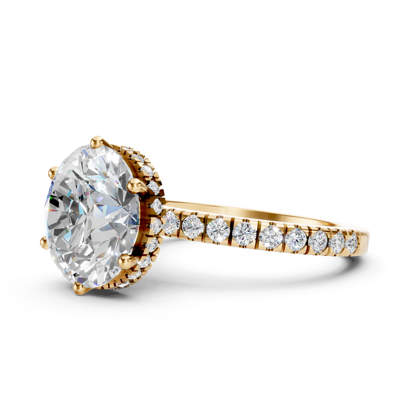 Billie –" 3ct " Round Solitaire in 18k Gold with Hidden Halo and Pavé Band (Ready)
