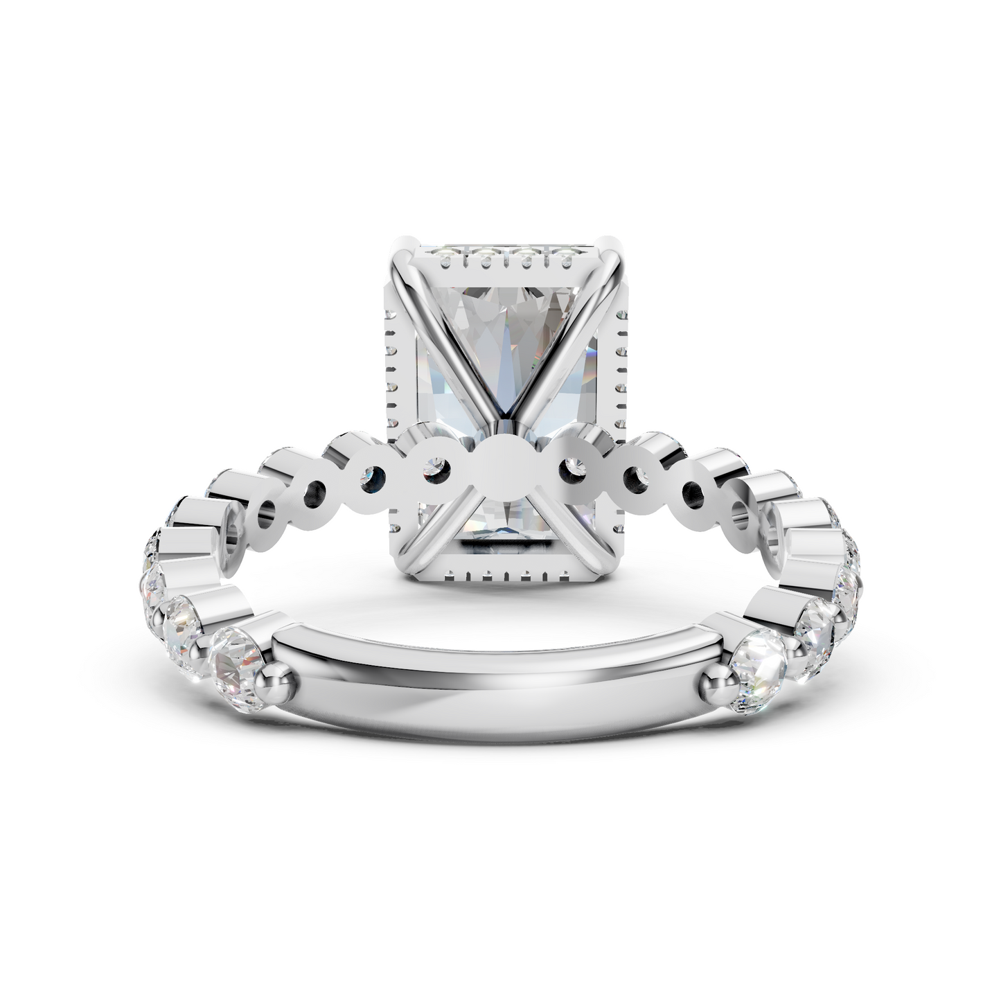 Anita – " 4ct " Radiant Solitaire in 18k with Round Side Stones and hidden halo (Ready)