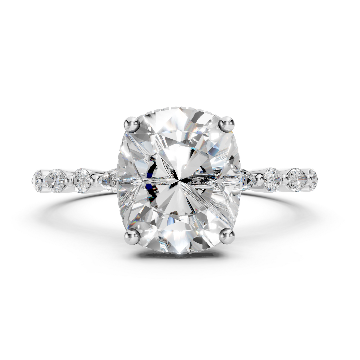 Nora – " 4ct " Elongated Cushion Solitaire in 18k with Round and Marquise Side Stones (Ready)