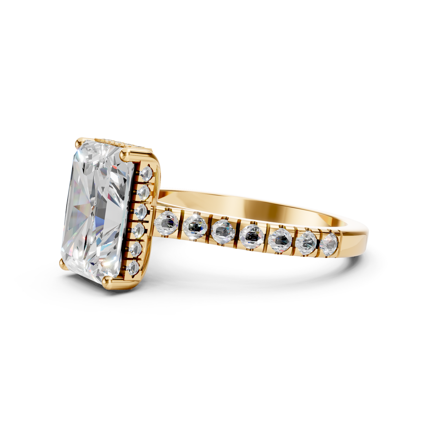 Hallie – " 3ct "Radiant Solitaire in 18k Gold with Hidden Halo and Cathedral Pavé Band (Ready)