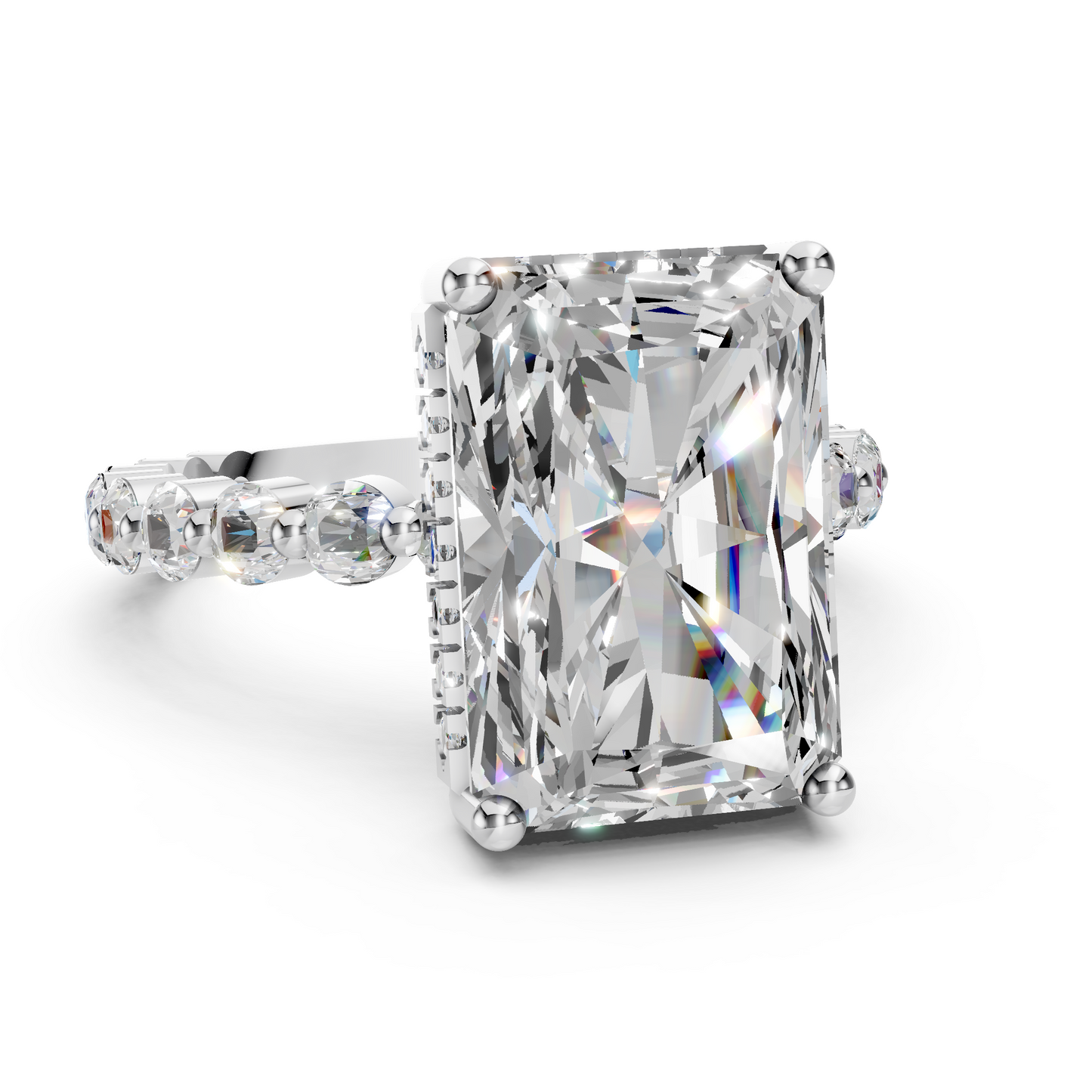Anita – " 4ct " Radiant Solitaire in 18k with Round Side Stones and hidden halo (Ready)