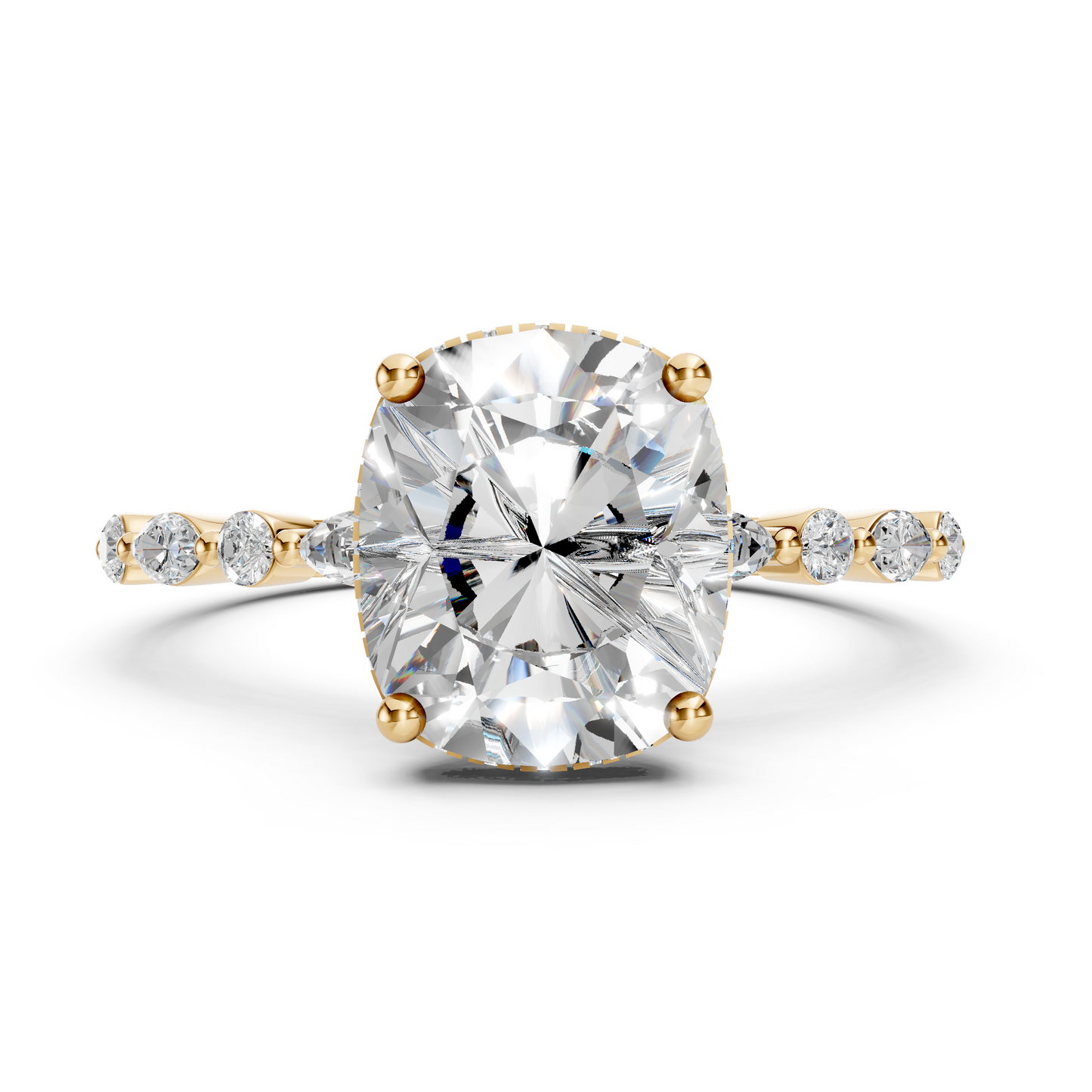 Nora – " 4ct " Elongated Cushion Solitaire in 18k with Round and Marquise Side Stones (Ready)