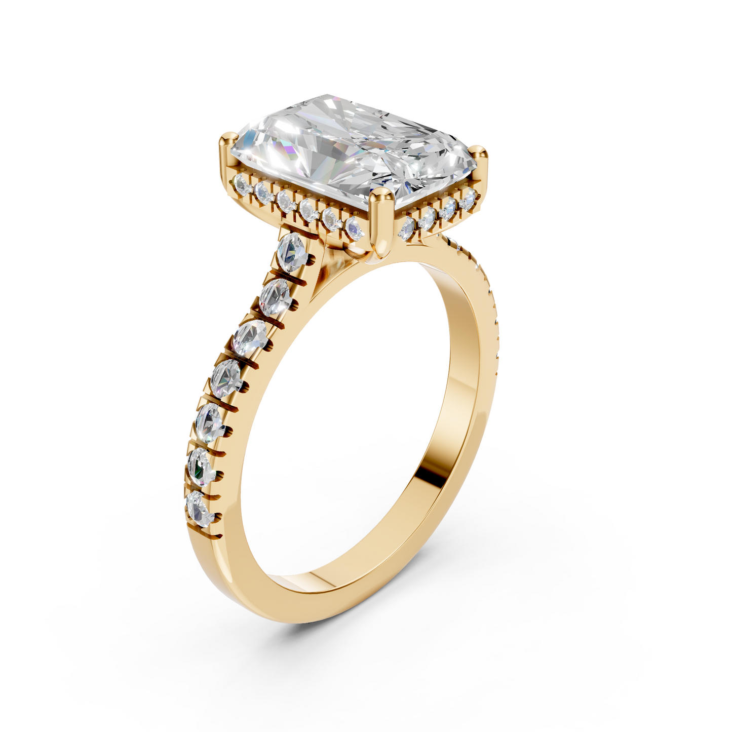 Hallie – " 3ct "Radiant Solitaire in 18k Gold with Hidden Halo and Cathedral Pavé Band (Ready)
