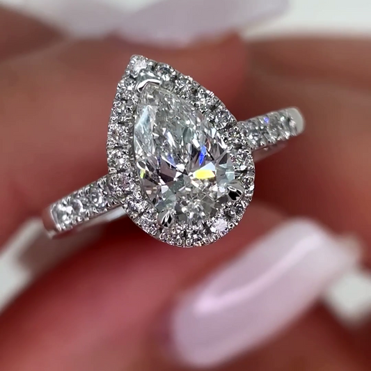 Bonnie - " 2ct " Pear Diamond Ring in 18k Gold with Halo and Pavé Half Set Band (Ready) - Prime & Pure