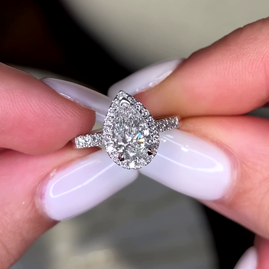 Bonnie - " 2ct " Pear Diamond Ring in 18k Gold with Halo and Pavé Half Set Band (Ready) - Prime & Pure