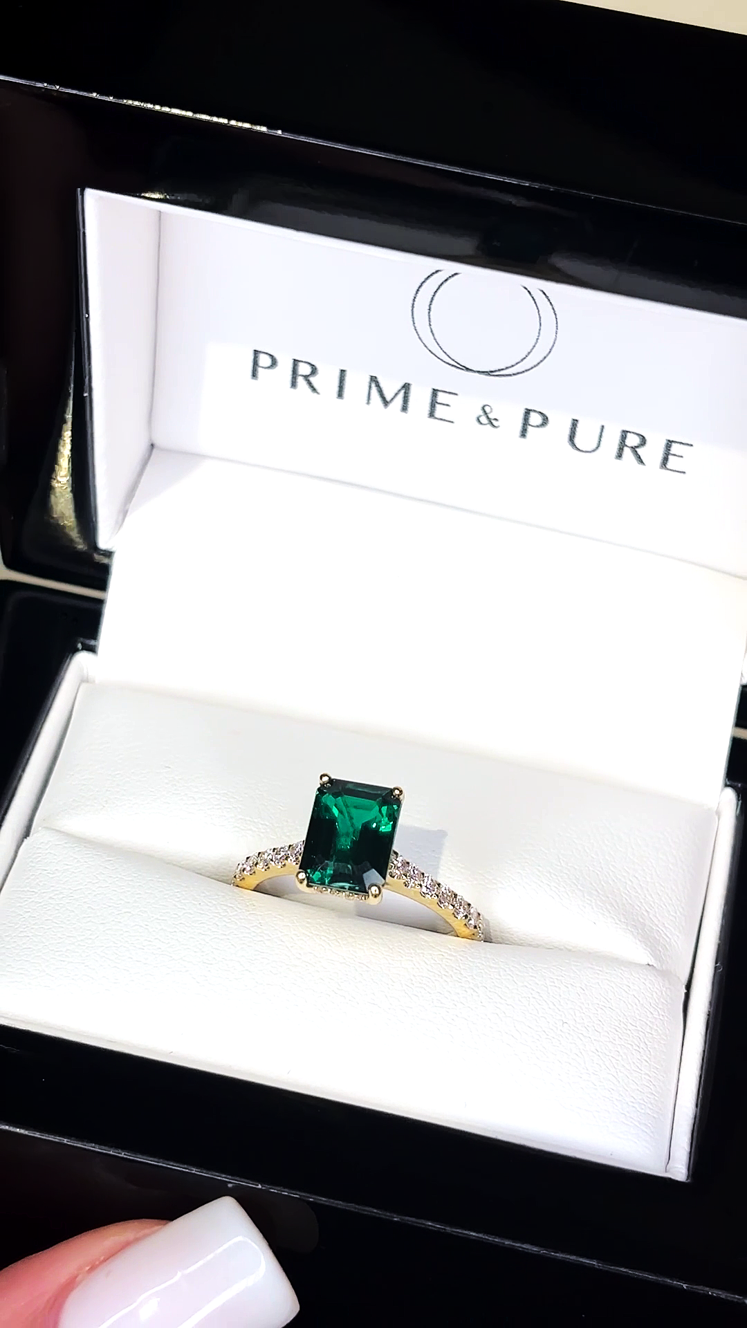 Olivia – " 2ct" Green Emerald Solitaire in 18k Gold with Hidden Halo and Pavé Band (Ready) - Prime & Pure