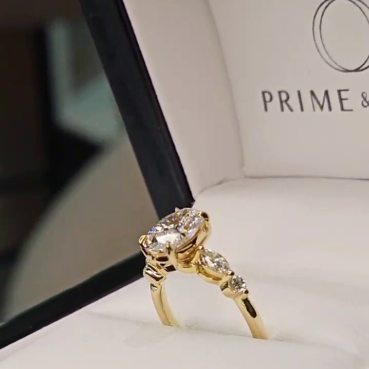 Claire – " 2ct " Oval Solitaire in 18k with Marquise and Round Side Stones (Ready) - Prime & Pure