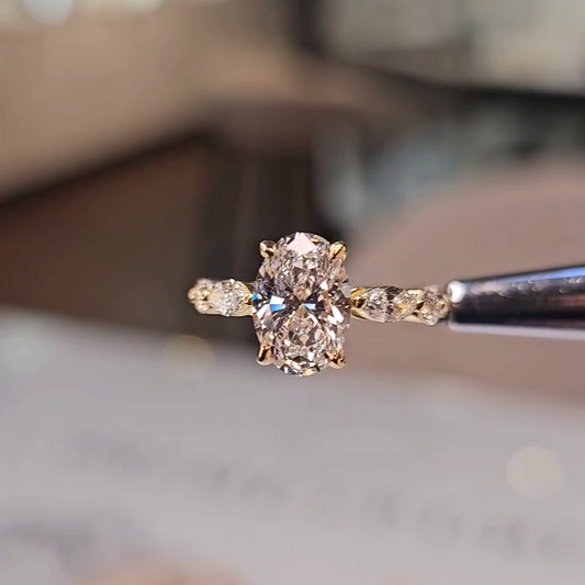 Claire – " 2ct " Oval Solitaire in 18k with Marquise and Round Side Stones (Ready) - Prime & Pure