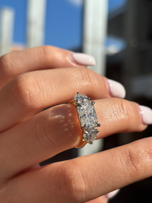 Deborah - " 2.5ct " Horizontal Radiant in 18k Gold with Round Diamonds Trilogy Ring (Ready) - Prime & Pure