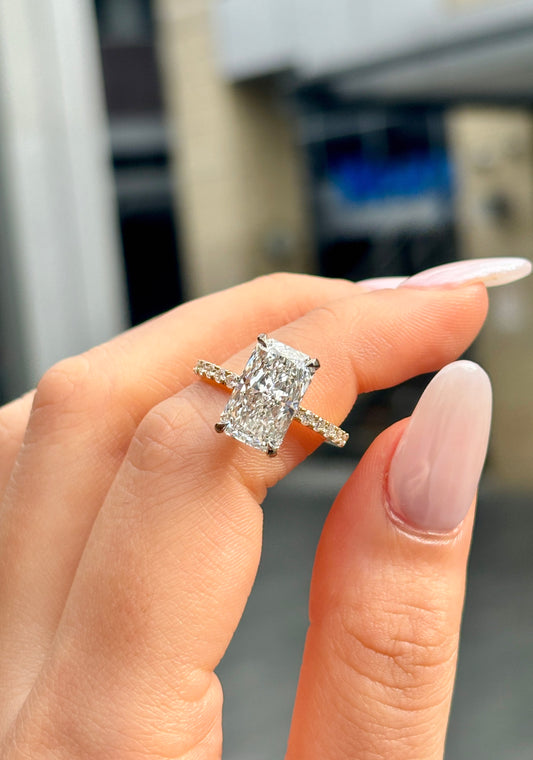 Judy – " 4ct " Radiant Solitaire in 18k Gold with Hidden Halo and Pavé Band (Ready) - Prime & Pure