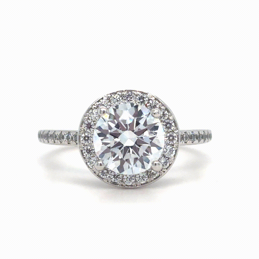 Maya - " 2ct " Round Diamond Ring in 18k with Halo and Pavé Band (Ready) - Prime & Pure