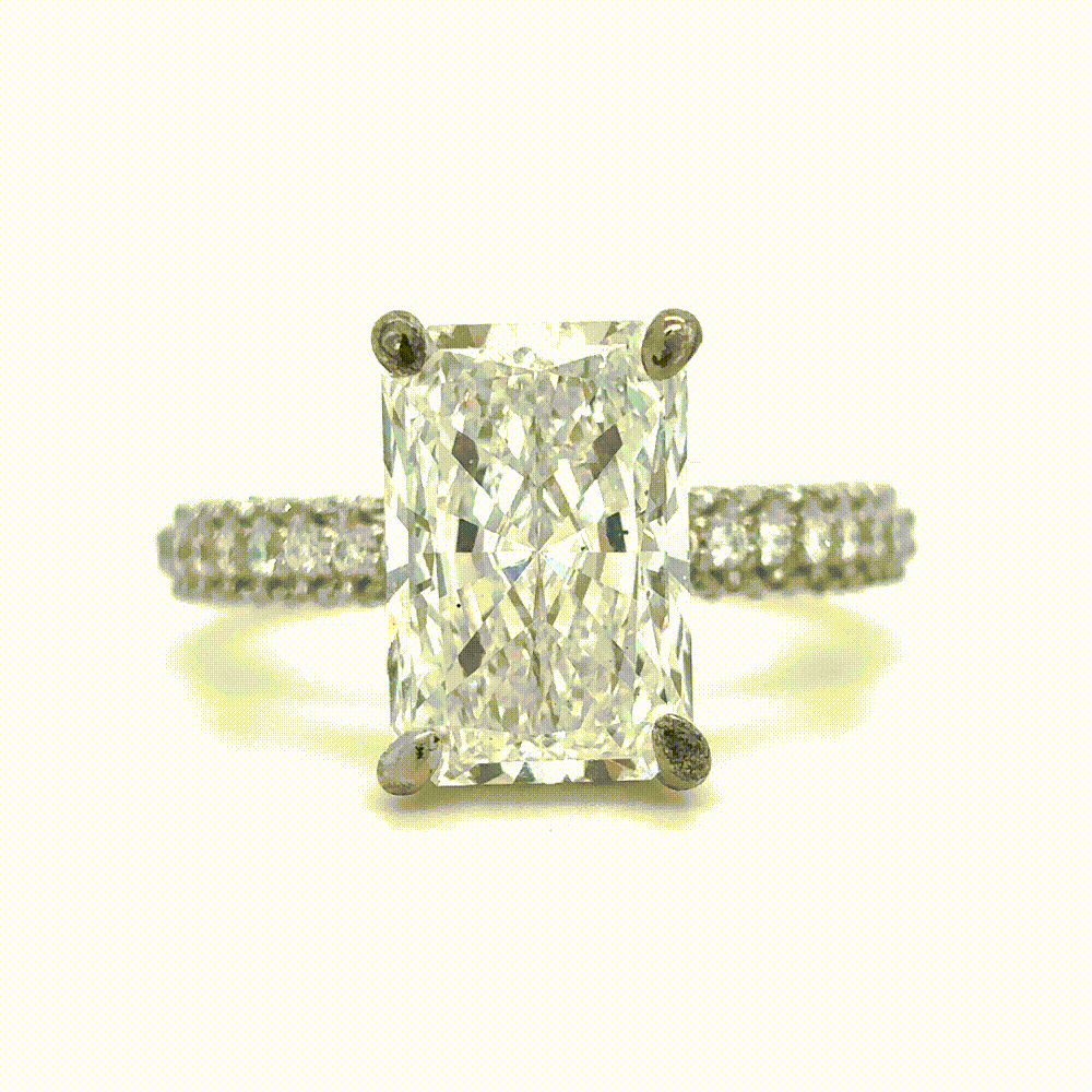Lauren – " 3ct " Radiant Solitaire in 18k with Hidden Halo and 3 sides pave band (Ready) - Prime & Pure