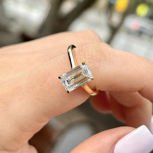 Carly– " 4ct " Emerald Cut Solitaire in 18k with Hidden Halo Plain Band (Ready) - Prime & Pure