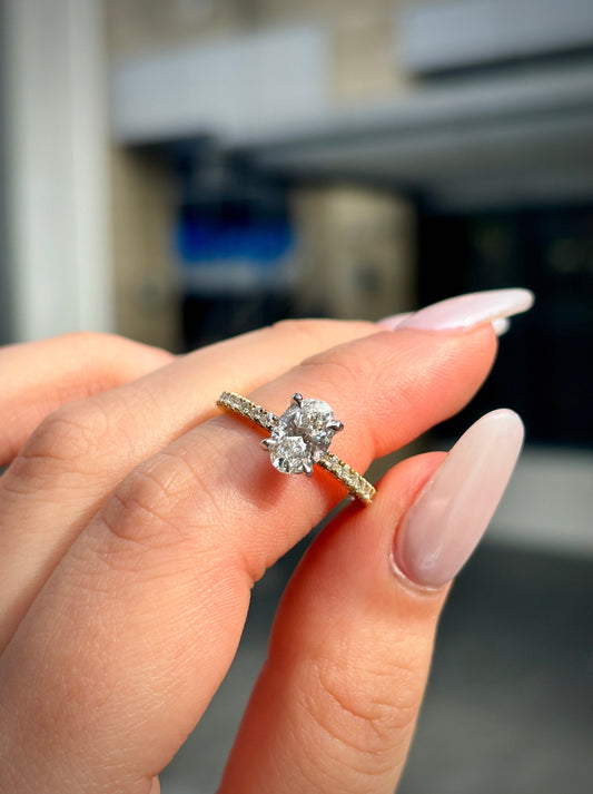Grace – " 1.5ct " Oval Solitaire in 18k Gold with Hidden Halo and Pavé Band (Ready) - Prime & Pure