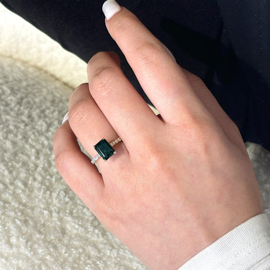 Olivia – " 2ct" Green Emerald Solitaire in 18k Gold with Hidden Halo and Pavé Band (Ready) - Prime & Pure