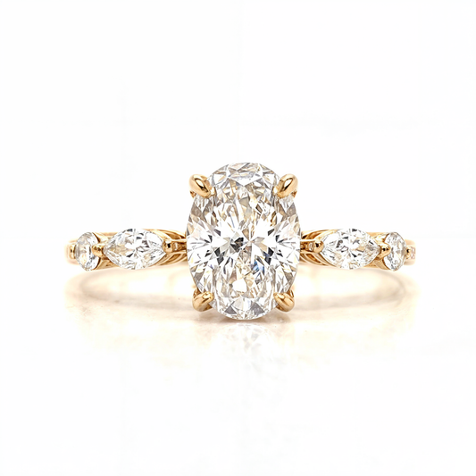 Claire – " 2ct " Oval Solitaire in 18k with Marquise and Round Side Stones (Ready) - Prime & Pure