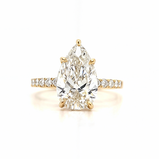 Betsy – " 3ct " Pear Solitaire in 18k with 5 claw Setting Pave band & Hidden Halo (Ready) - Prime & Pure