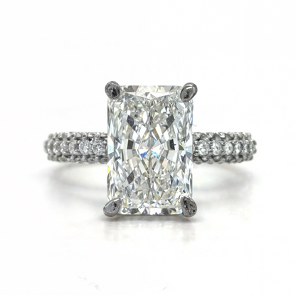 Lauren – " 3ct " Radiant Solitaire in 18k with Hidden Halo and 3 sides pave band (Ready) - Prime & Pure