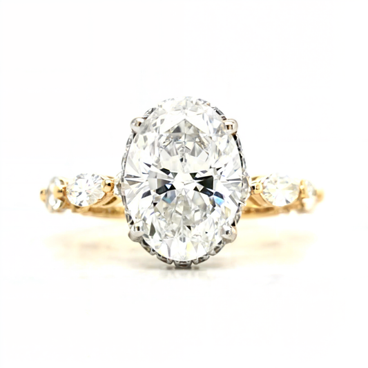 Luna – " 3ct "Oval Solitaire with Hidden Halo - Marquise and Round Side Stones(Ready)