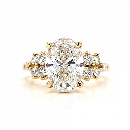Evie – " 3ct " Oval Solitaire in 18k Gold with 5 Round accent Diamonds each side (Ready) - Prime & Pure