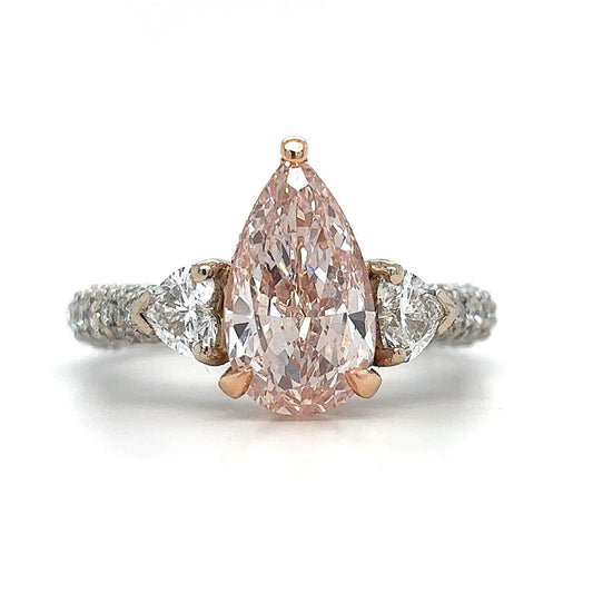 Rosalia – " 3ct " Pink Fancy Pear in 18k with Heart Side diamonds and 3 sides Pave Band (Ready) - Prime & Pure